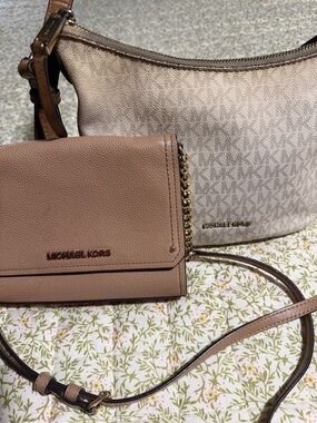 TWO PURSES Michael Kors Cream Logo Shoulder Bag and Tan Crossbody Small Clutch